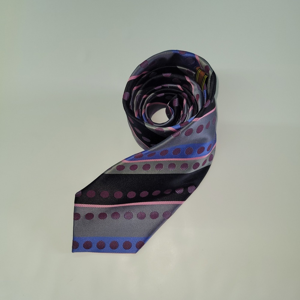 BCBG Attitude Men's Necktie Silk Black Gray Purple Polka‎ Dot Stripe
